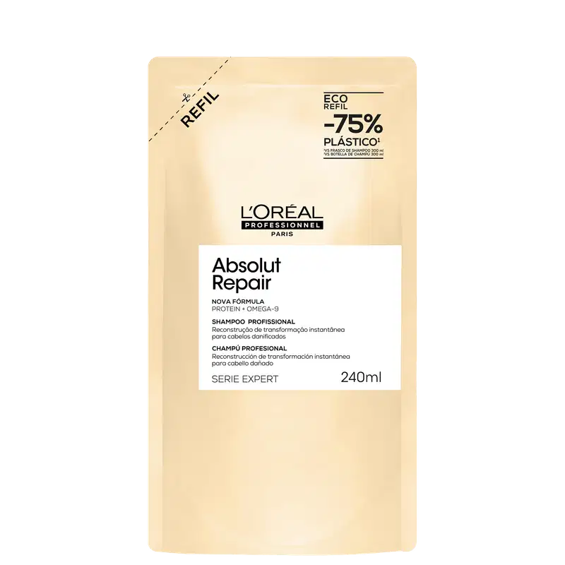 Embalagem de shampoo profissional L'Oréal Absolut Repair, com 240ml, em tom bege, com rótulo destacando a nova fórmula com proteína e ômega-9 para reconstrução instantânea de cabelos danificados.