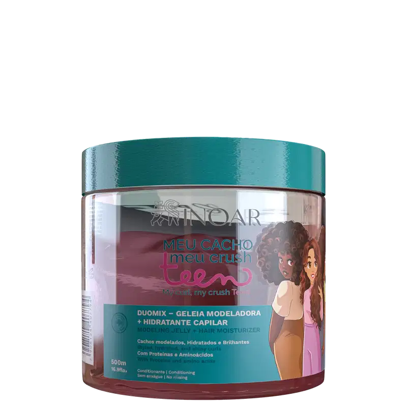 A imagem mostra a Geleia Modeladora e Hidratante Capilar Inoar Meu Cacho, Meu Crush Teen Duomix 500g, embalagem plástica com formato circular. Traz ilustração de meninas com cabelos cacheados. As cores predominantes são verde, rosa e branco.