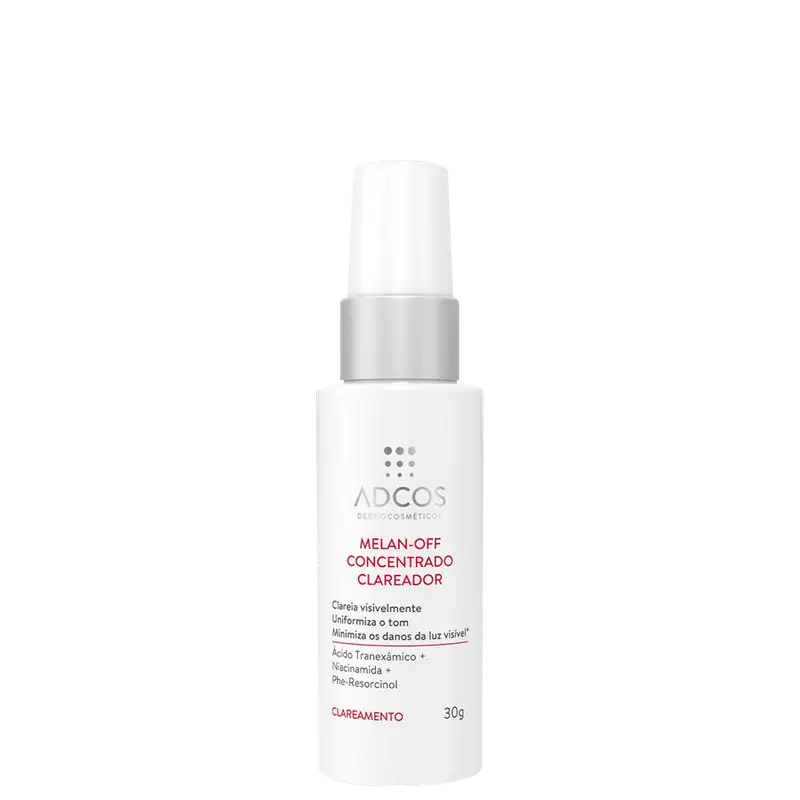 Produto clareador concentrado Melan-Off da marca Adcos. Embalagem plástica branca opaca com tampa protetora. Rótulo frontal com texto descrevendo o produto como um clareador uniformizador de tom que minimiza danos da luz visível. Frasco de 30g.