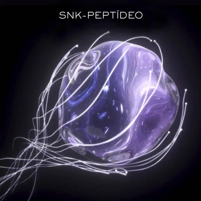 Não há embalagem física visível, apenas uma representação artística abstrata em tons de roxo e branco do ativo Peptídeo SNK. A imagem mostra uma forma orgânica fluida, semelhante a uma célula ou molécula, com detalhes delicados e linhas curvas.