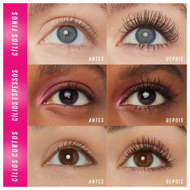 O produto é apresentado em 3 variações de cores de olhos - azul, castanho escuro e castanho claro. Para cada, há 2 fotos lado a lado, uma mostrando os cílios naturais antes da aplicação, e outra após a aplicação dos cílios postiços alongados e volumosos.
