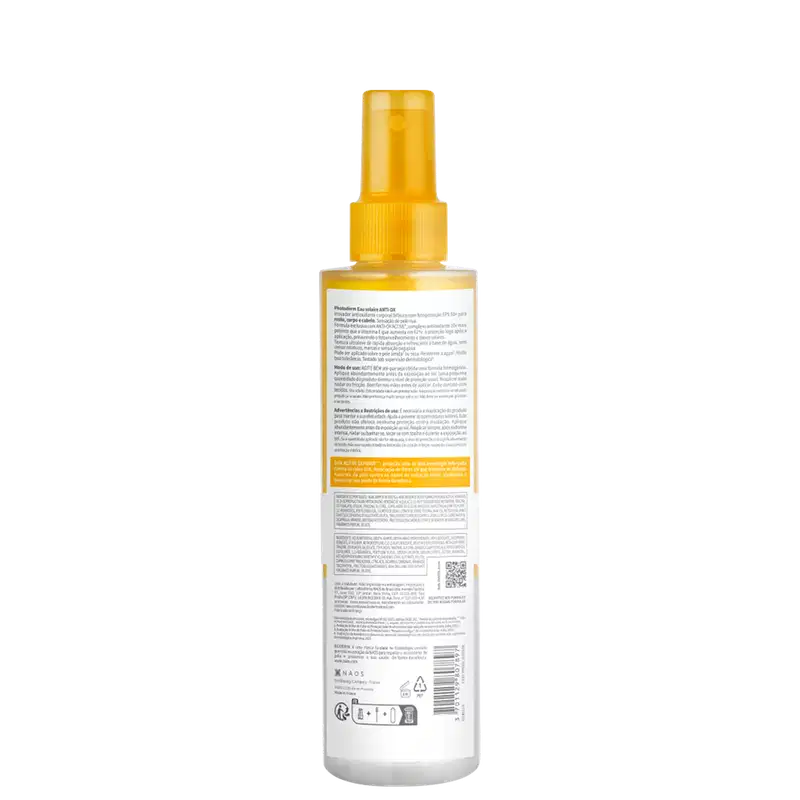 Parte de trás da embalagem com rótulo branco contendo informações em vários idiomas, incluindo instruções de uso, advertências e composição. Apresenta um código QR e o logotipo da marca Bioderma. Cores predominantes são laranja, branco e transparente.