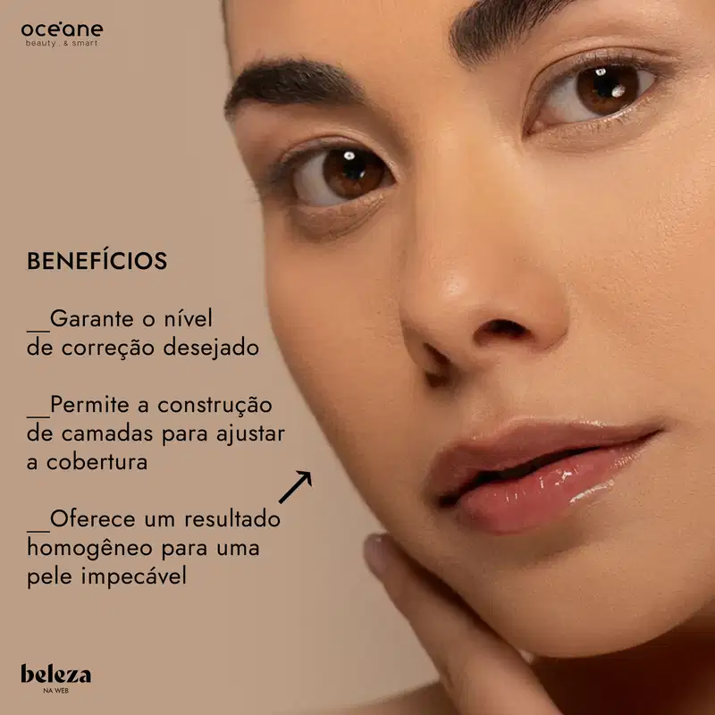 Benefícios: Garante o nível de correção desejado; Permite a construção de camadas para ajustar a cobertura; Oferece um resultado homogêneo para uma pele impecável.