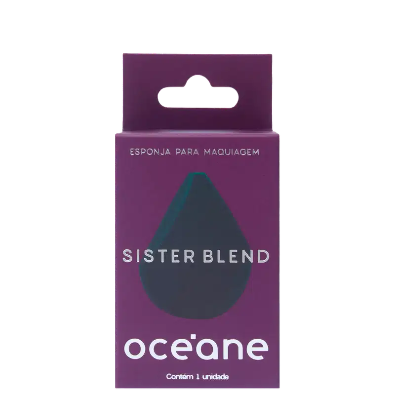 Embalagem retangular em tons de roxo, com um recorte em formato de gota na parte frontal em preto e azul escuro. Texto "Esponja para Maquiagem" e "Sister Blend" em letras brancas, além do logotipo Océane.