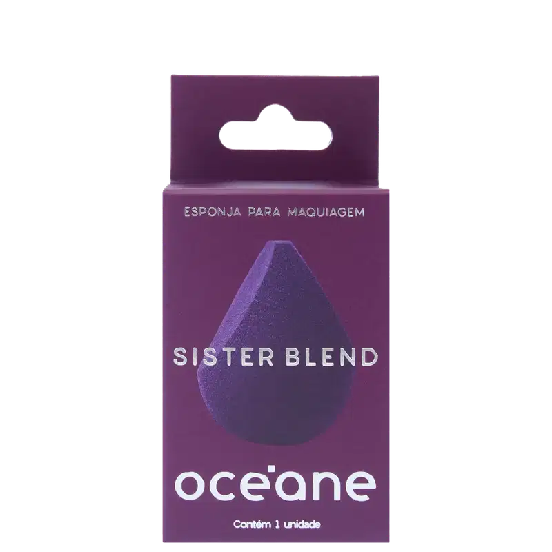 Embalagem retangular em tons de roxo, com um recorte em formato de gota na parte frontal em preto e azul escuro. Texto "Esponja para Maquiagem" e "Sister Blend" em letras brancas, além do logotipo Océane.