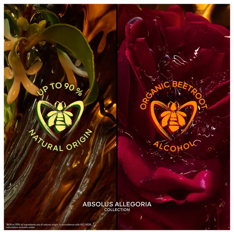 À esquerda, uma imagem com detalhes em forma de folhas e um rótulo indicando "Até 90% de origem natural". À direita, imagem abstrata vermelho intenso com rótulo indicando "Organic Beetroot Alcoholic". Ambos os frascos apresentam uma abelha no centro.