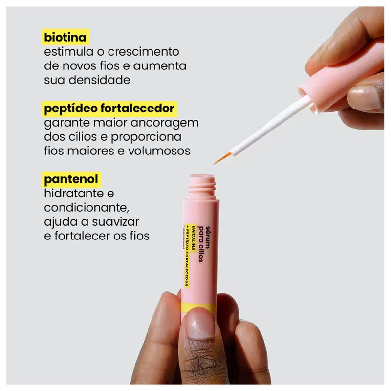 Destaca os nomes dos três principais ingredientes ativos: biotina, peptídeo fortalecedor e pantenol, descrevendo suas respectivas funções para estimular o crescimento, fortalecer e hidratar os fios.