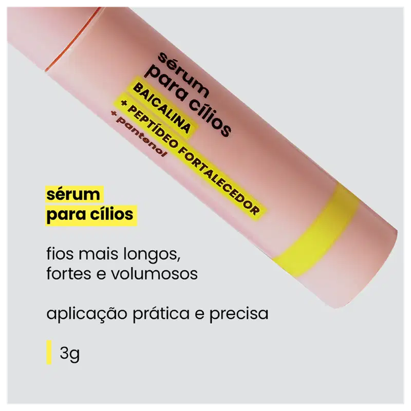 Sérum para cílios da marca Sérum. Embalagem cilíndrica rosa com detalhes em amarelo. Texto em português indicando que é um sérum fortificante para deixar os cílios mais longos, fortes e volumosos.