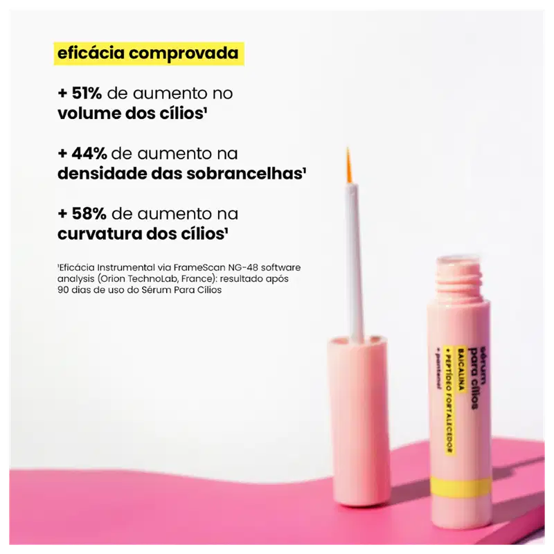 Sérum para cílios Sallve . O texto em amarelo destaca os benefícios comprovados do produto