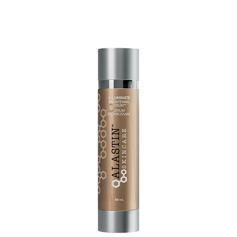 Sérum Iluminador Alastin. Embalagem cilíndrica prateada de metal com tampa prateada. Rótulo marrom com texto branco "ALASTIN" e "Aluminate Brightening Serum" em letras maiúsculas.