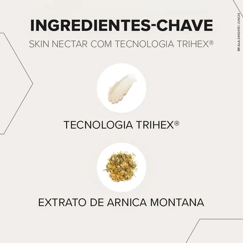 A imagem destaca os ingredientes do produto. Destaca a "Tecnologia Trihex" e o "Extrato de Arnica Montana".