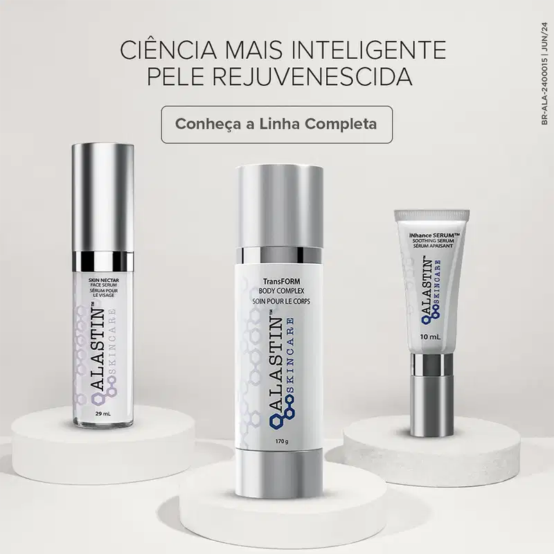 A imagem mostra três produtos de cuidados com a pele da marca Alastin.