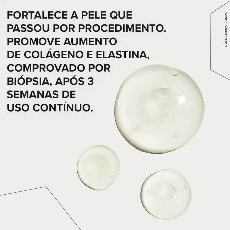 O texto em letras grandes destaca que o produto "fortalece a pele que passou por procedimento", promove aumento de colágeno e elastina comprovado por biópsia após 3 semanas de uso contínuo."