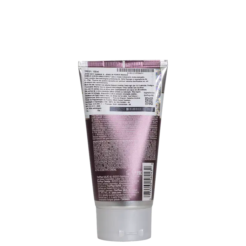 A imagem mostra o verso da embalagem com informações detalhadas do produto, incluindo ingredientes, instruções de uso e dados do fabricante. O tubo tem uma capacidade de 150ml.