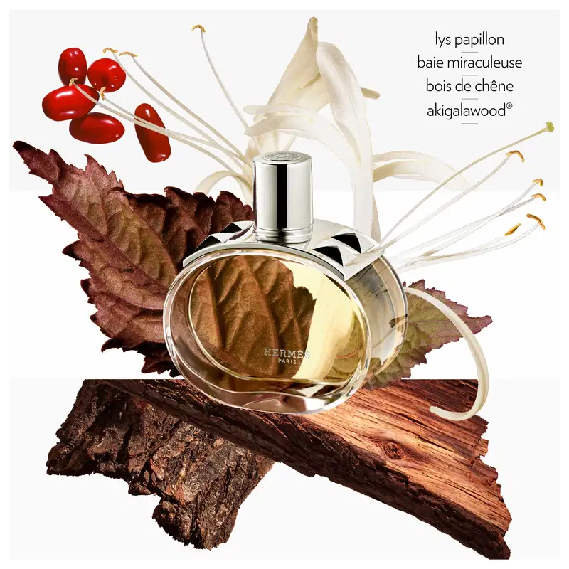 Imagem mostra o Perfume Hermès e os elementos da sua pirâmide olfativa . A composição inclui lys papillon (lírio), baie miraculeuse (baga milagrosa), bois de chêne (madeira de carvalho) e akigalawood.
