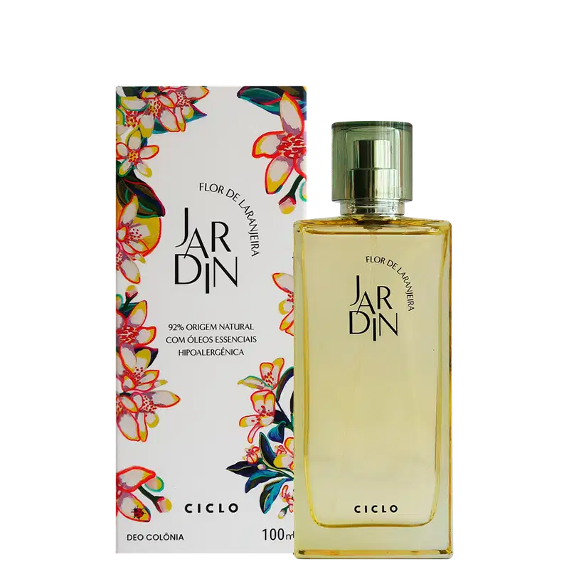 Frasco do perfume ao lado da caixa da embalagem, cujo design é na cor branca com estampa floral colorida e vibrante em tons de vermelho, laranja, amarelo e verde.