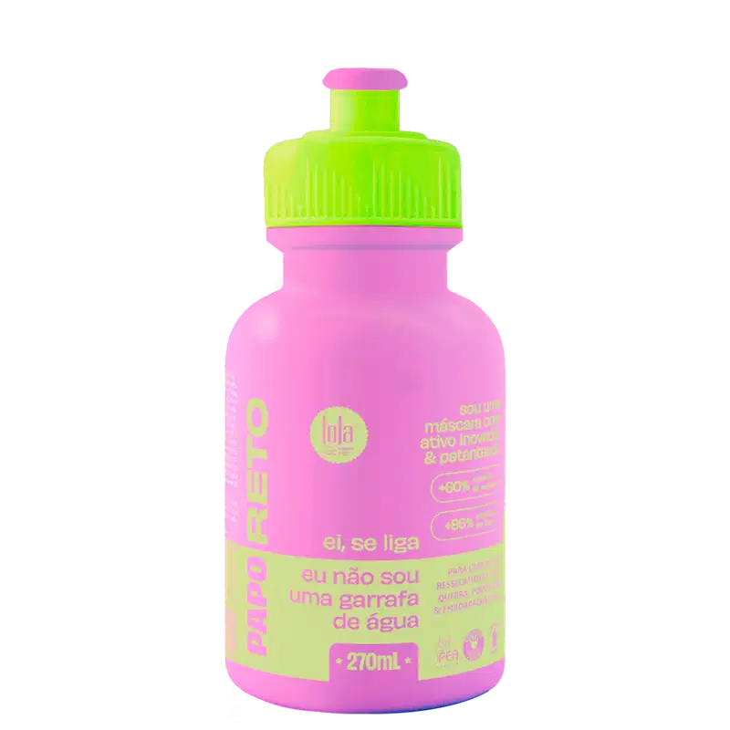 Frasco de plástico rosa com tampa verde fluorescente, contendo 270 ml da máscara Lola From Rio Papo Reto. O rótulo exibe a marca "Lola" e informações sobre o produto, como "eu não sou uma garrafa de água".