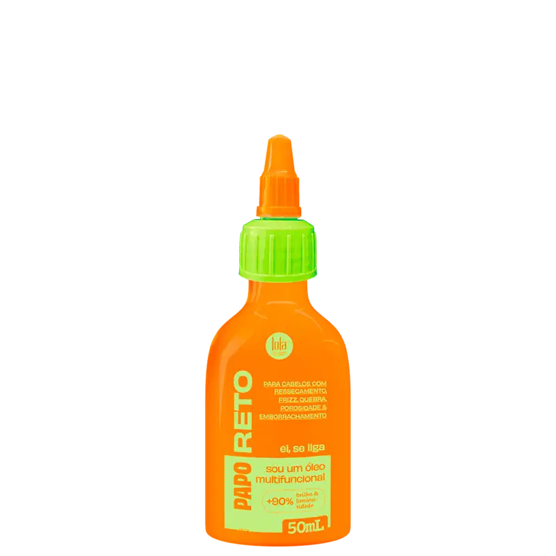 Produto multifuncional para cabelos com óleo de brilho e limpeza. Embalagem plástica laranja com tampa verde. Rótulo com texto "Papo Reto" e informações sobre o uso para ressecamento, frizz, porosidade e emborrachamento. Volume de 50ml.