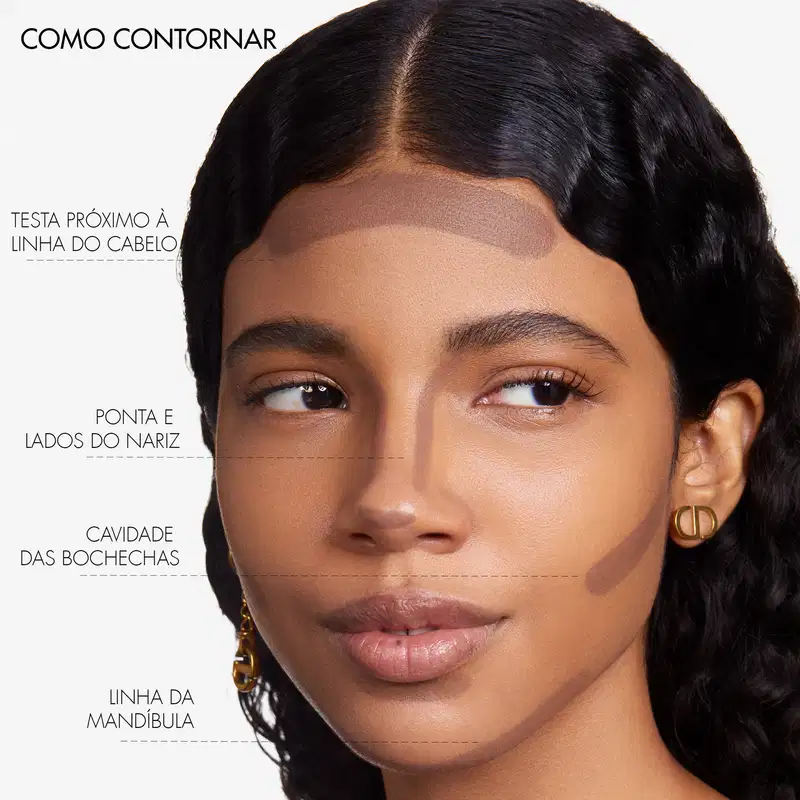 A imagem mostra uma mulher com traços étnicos, pele morena e cabelos escuros. Ela tem olhos castanhos marcantes e lábios cheios e brilhantes. A imagem destaca diferentes áreas do rosto, guiando as áreas de aplicação.