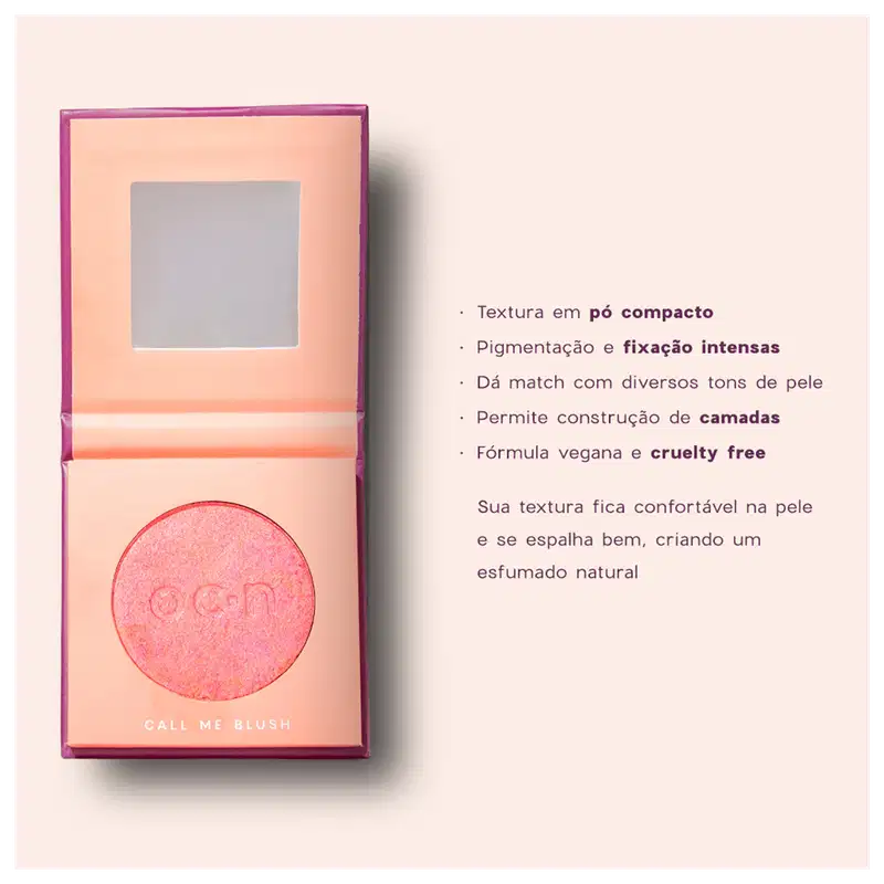 O texto descreve as características do produto, como textura em pó compacto, pigmentação e fixação intensas, fórmula vegana e cruelty free, e que permite a construção de camadas e espalha bem para um esfumado natural.