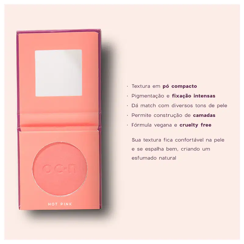 O texto descreve as características do produto, como textura em pó compacto, pigmentação e fixação intensas, fórmula vegana e cruelty free, e que permite a construção de camadas e espalha bem para um esfumado natural.