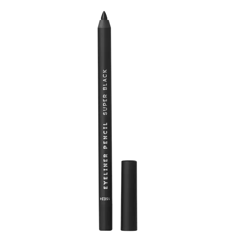 A imagem mostra o Lápis de Olho Océane Purple Eyeliner Pencil com embalagem preta e o texto "EYELINER PENCIL SUPER BLACK" impresso em letras brancas.