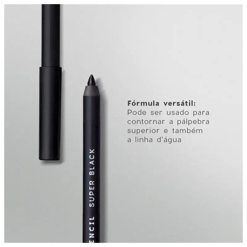 Lápis de olho preto da Océane e o texto indicando que é uma fórmula versátil que pode ser usada para delinear a pálpebra superior e também a linha d'água.