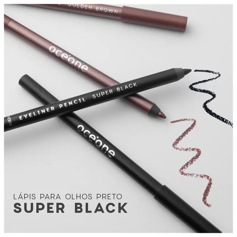 A imagem mostra quatro lápis de olho deitados e linhas em espiral representando o traço do produto. Texto promocional "Lápis para Olhos Preto Super Black".