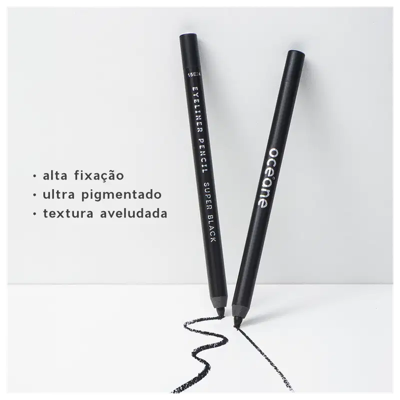 São dois lápis de olho pretos da marca Océane. Ao lado um texto descrevendo as características do produto: "alta fixação", "ultra pigmentado" e "textura aveludada