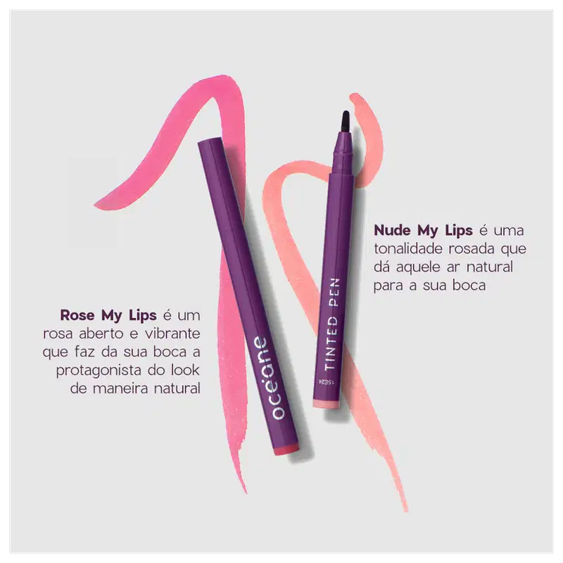 São dois batons em embalagens roxas. Um é chamado "Rose My Lips" um rosa vibrante que deixa a boca natural. O outro é o "Nude My Lips", um tom rosado. As embalagens estão dispostas sobre um fundo branco, com traços coloridos