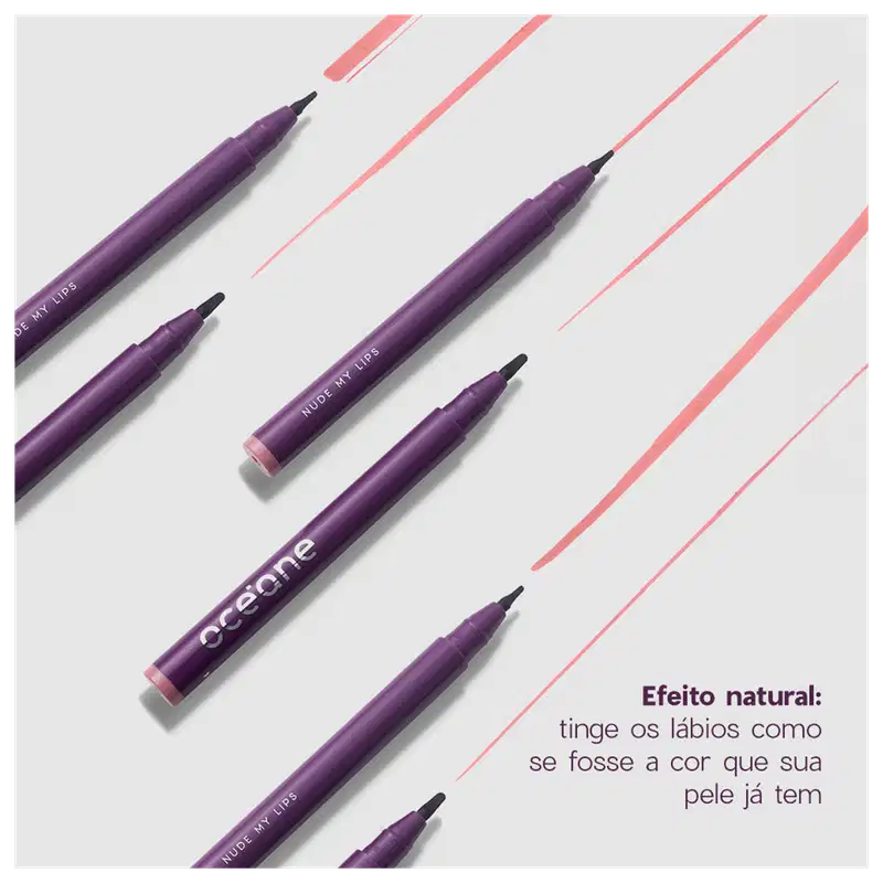 A imagem mostra várias canetas e traços rosas representando a cor do produto. O texto promocional indica que o efeito é natural, tingindo os lábios com a cor que sua pele já tem.