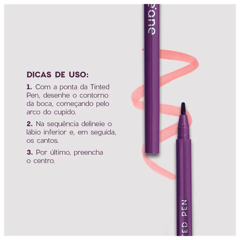 O produto mostrado é uma caneta delineadora de lábios da marca Océane. Tem uma embalagem na cor roxa escura. Ao lado, há instruções de uso, explicando a sequência de traçar o contorno da boca, lábio inferior e cantos, além de preencher o centro dos lábios