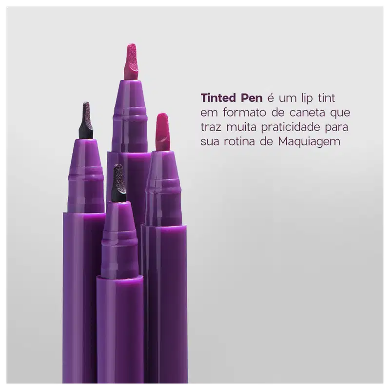 A imagem mostra quatro canetas roxas alinhadas e o texto Tinted Pen é um lip tint em formato de caneta que traz muita praticidade para a rotina de maquiagem.