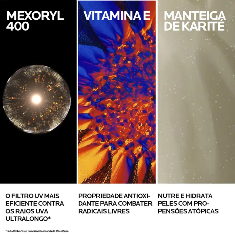 A imagem mostra 3 ingredientes em sua fórmula: Mexoryl 400, Vitamina E e Manteiga de Karité.