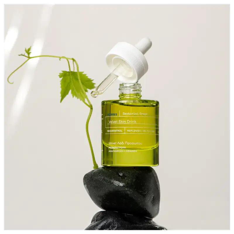 A imagem mostra o produto sobre uma pedra preta e um galho com uma pequena folha compondo a imagem.