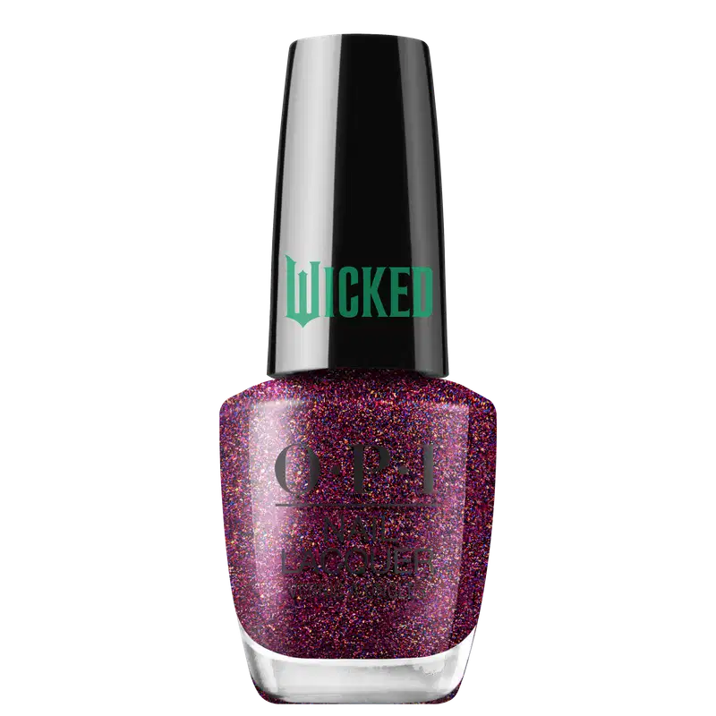 Produto de esmalte de unhas OPI da linha Wicked. Frasco de vidro transparente com tampa preta. O esmalte tem uma cor roxa/vinho brilhante. O rótulo exibe o logotipo OPI em letras pretas, com o nome "Wicked" em verde na tampa.