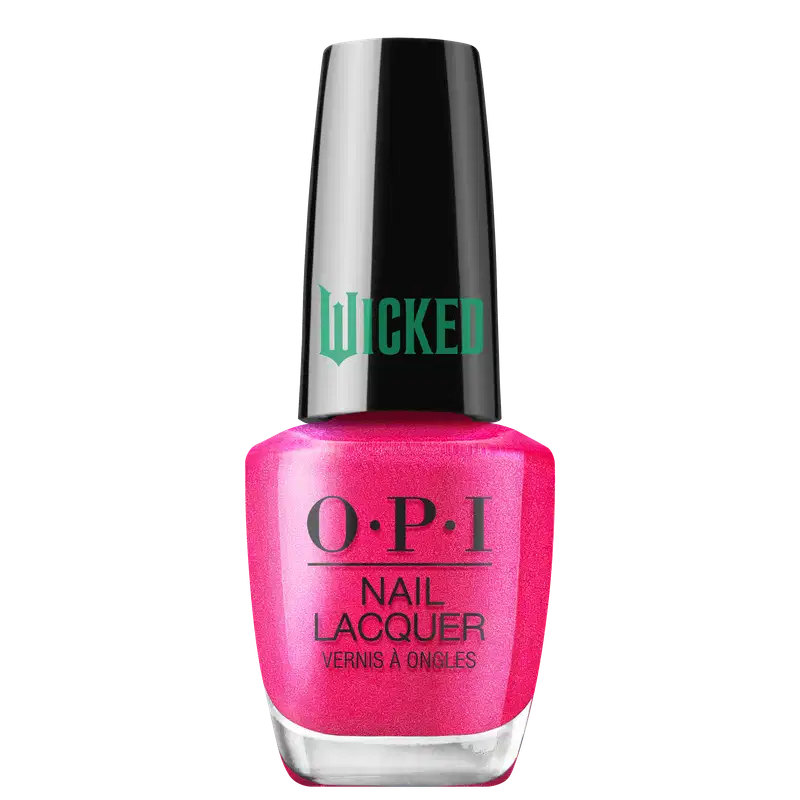Produto de esmalte de unhas OPI da linha Wicked. Frasco de vidro transparente com tampa preta. O esmalte tem uma cor rosa pink cintilante. O rótulo exibe o logotipo OPI em letras pretas, com o nome "Wicked" em verde na tampa.