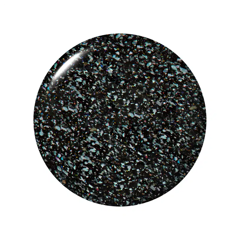 Amostra em formato circular, com uma textura brilhante e cremosa em tons de preto com glitter esverdeado.