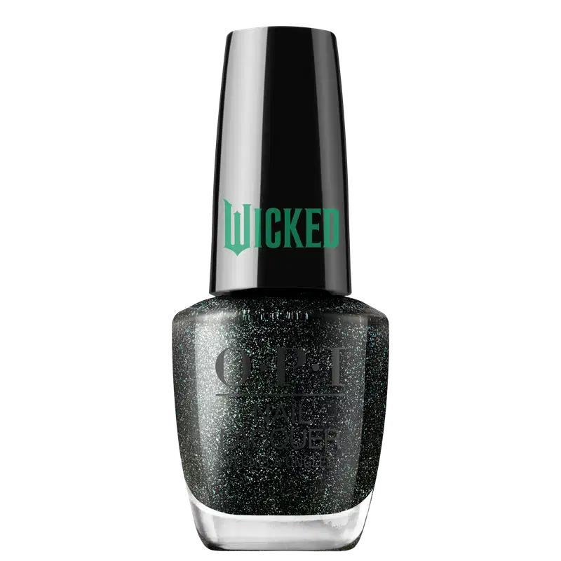 Produto de esmalte de unhas OPI da linha Wicked. Frasco de vidro transparente com tampa preta. O esmalte tem uma cor preta. O rótulo exibe o logotipo OPI em letras pretas, com o nome "Wicked" em verde na tampa.
