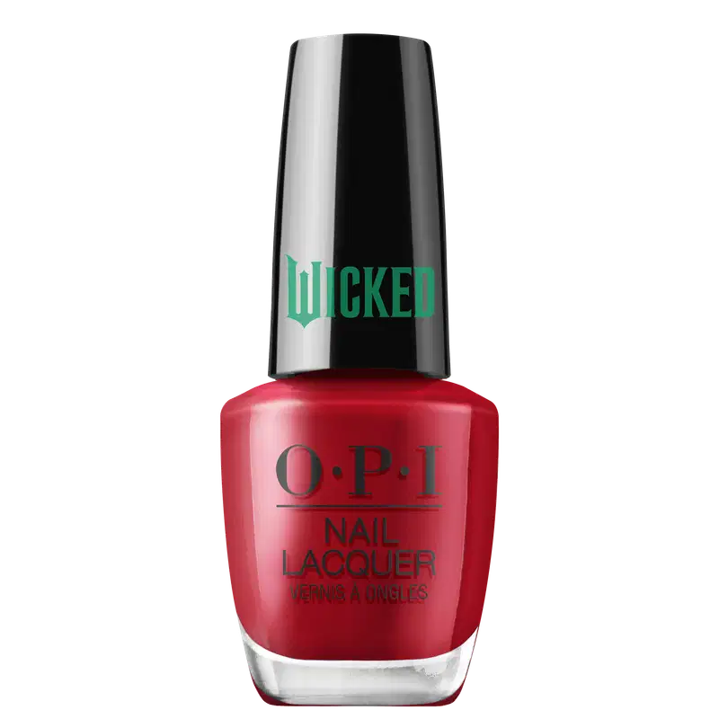 Produto de esmalte de unhas OPI da linha Wicked. Frasco de vidro transparente com tampa preta. O esmalte tem uma cor vermelha intensa. O rótulo exibe o logotipo OPI em letras pretas, com o nome "Wicked" em verde na tampa.