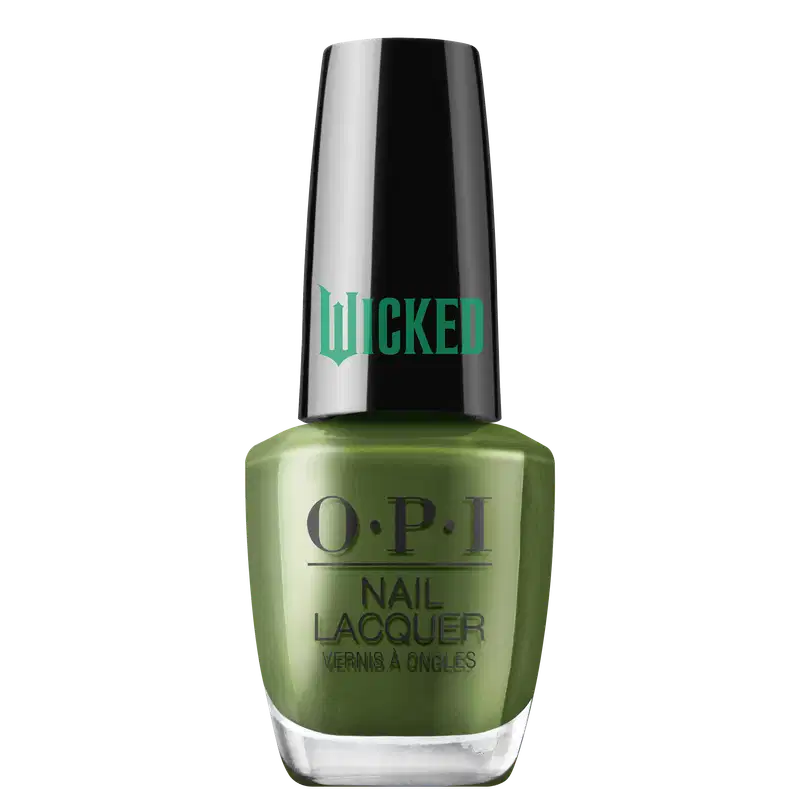 Produto de esmalte de unhas OPI da linha Wicked. Frasco de vidro transparente com tampa preta. O esmalte tem uma cor verde escuro intenso. O rótulo exibe o logotipo OPI em letras pretas, com o nome "Wicked" em verde na tampa.