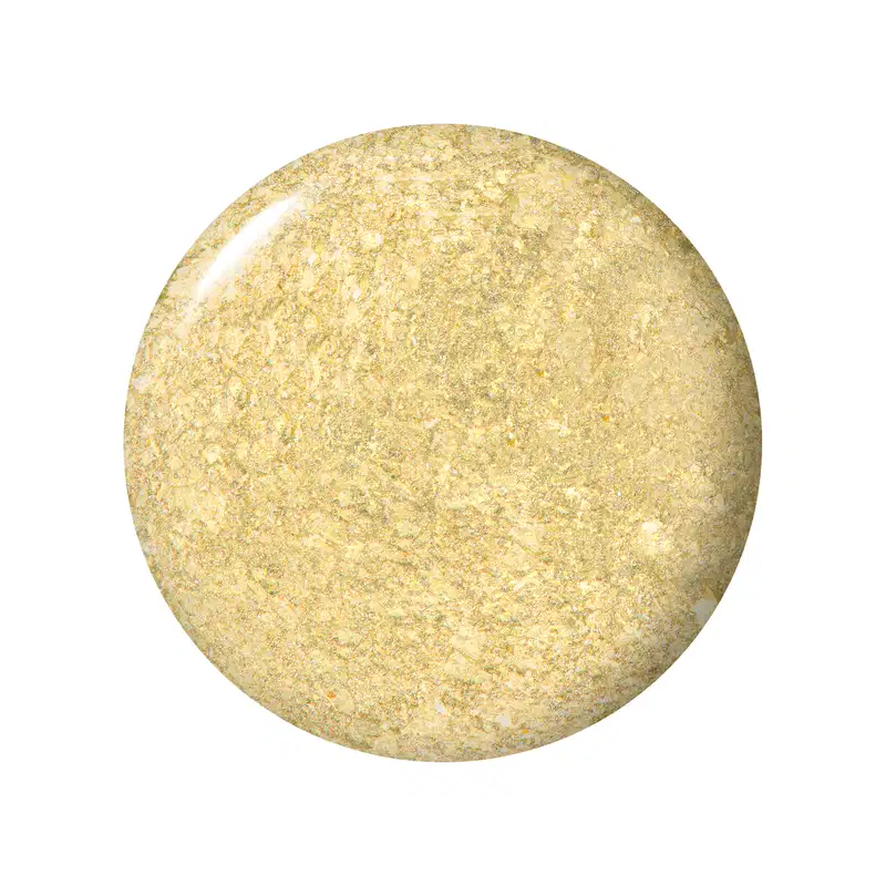 Amostra em formato circular, com uma textura brilhante e cremosa em tons de dourado claro.
