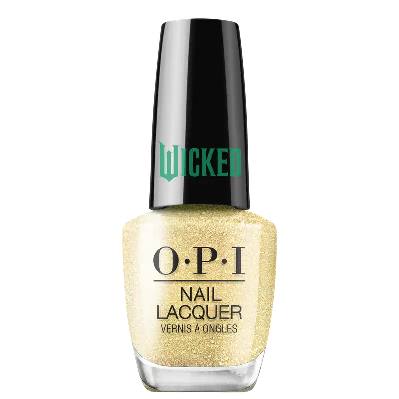 Produto de esmalte de unhas OPI da linha Wicked. Frasco de vidro transparente com tampa preta. O esmalte tem uma cor dourado suave. O rótulo exibe o logotipo OPI em letras pretas, com o nome "Wicked" em verde na tampa.