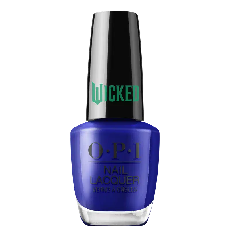 Produto de esmalte de unhas OPI da linha Wicked. Frasco de vidro transparente com tampa preta. O esmalte tem uma cor azul intenso. O rótulo exibe o logotipo OPI em letras pretas, com o nome "Wicked" em verde na tampa.