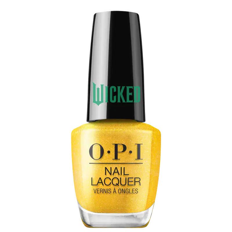 Produto de esmalte de unhas OPI da linha Wicked. Frasco de vidro transparente com tampa preta. O esmalte tem uma cor amarelo brilhante. O rótulo exibe o logotipo OPI em letras pretas, com o nome "Wicked" em verde na tampa.
