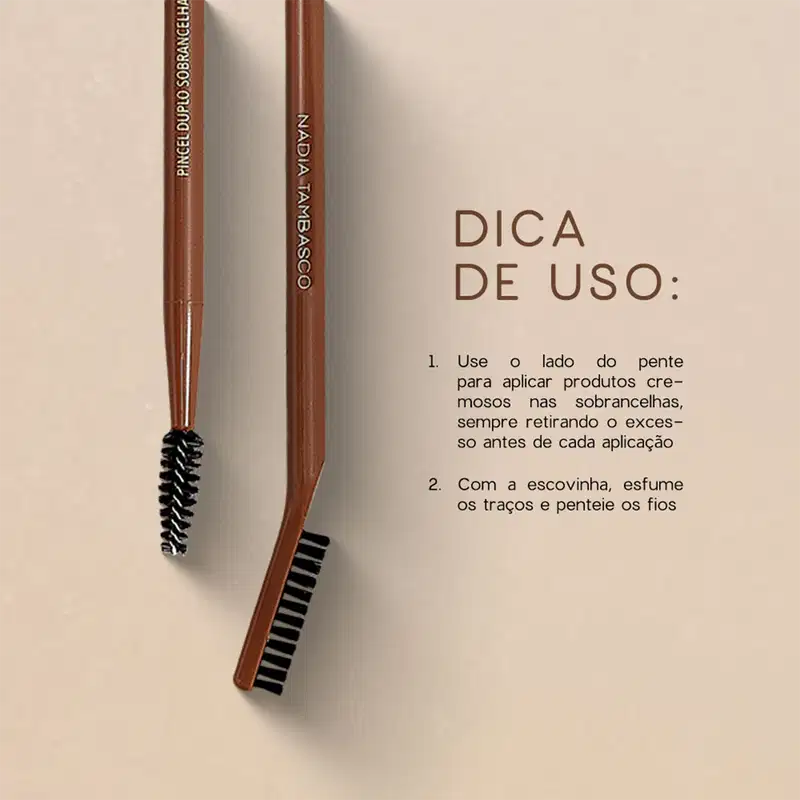 Dica de uso: 1. Use o lado do pente para aplicar produtos cremosos nas sobrancelhas, sempre retirando o excesso antes de cada aplicação. 2. Com a escovinha, esfume os traços e penteia os fios.