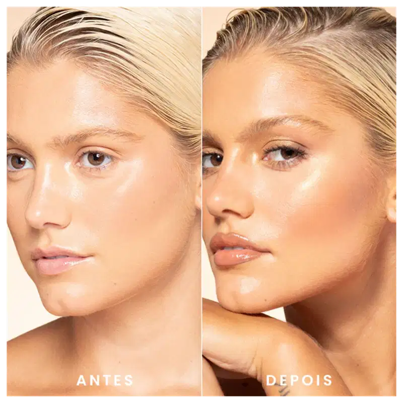 A imagem mostra um antes e depois de uma modelo usando o bronzer.