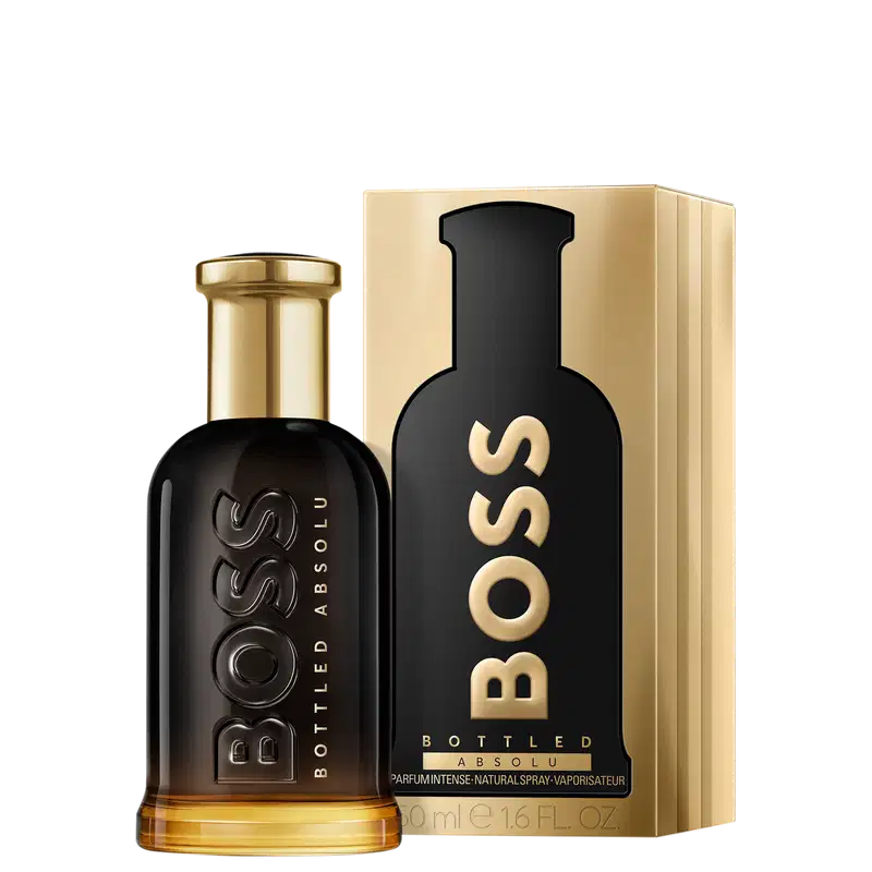 Frasco do perfume e caixa da embalagem, lado a lado.