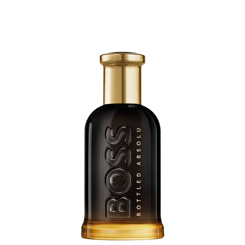 Perfume em frasco de vidro com formato cilíndrico e tampa dourada. Ele tem uma gradação de cor que vai do preto na parte superior ao âmbar na parte inferior. O rótulo exibe o logotipo "BOSS" em relevo e a inscrição "BOTTLED ABSOLU" abaixo, em dourado.