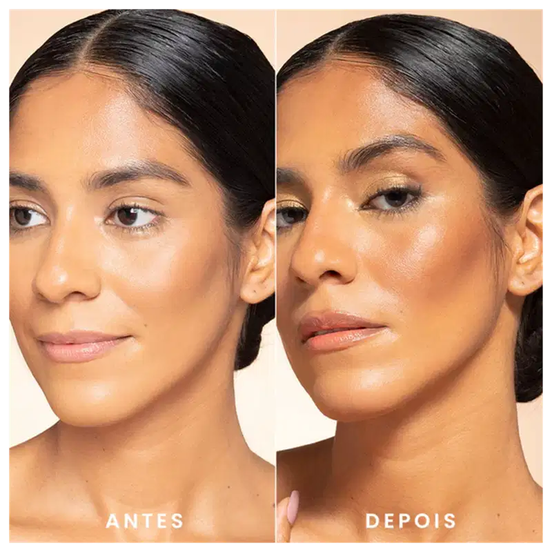 A imagem mostra um antes e depois de uma modelo usando o bronzer.